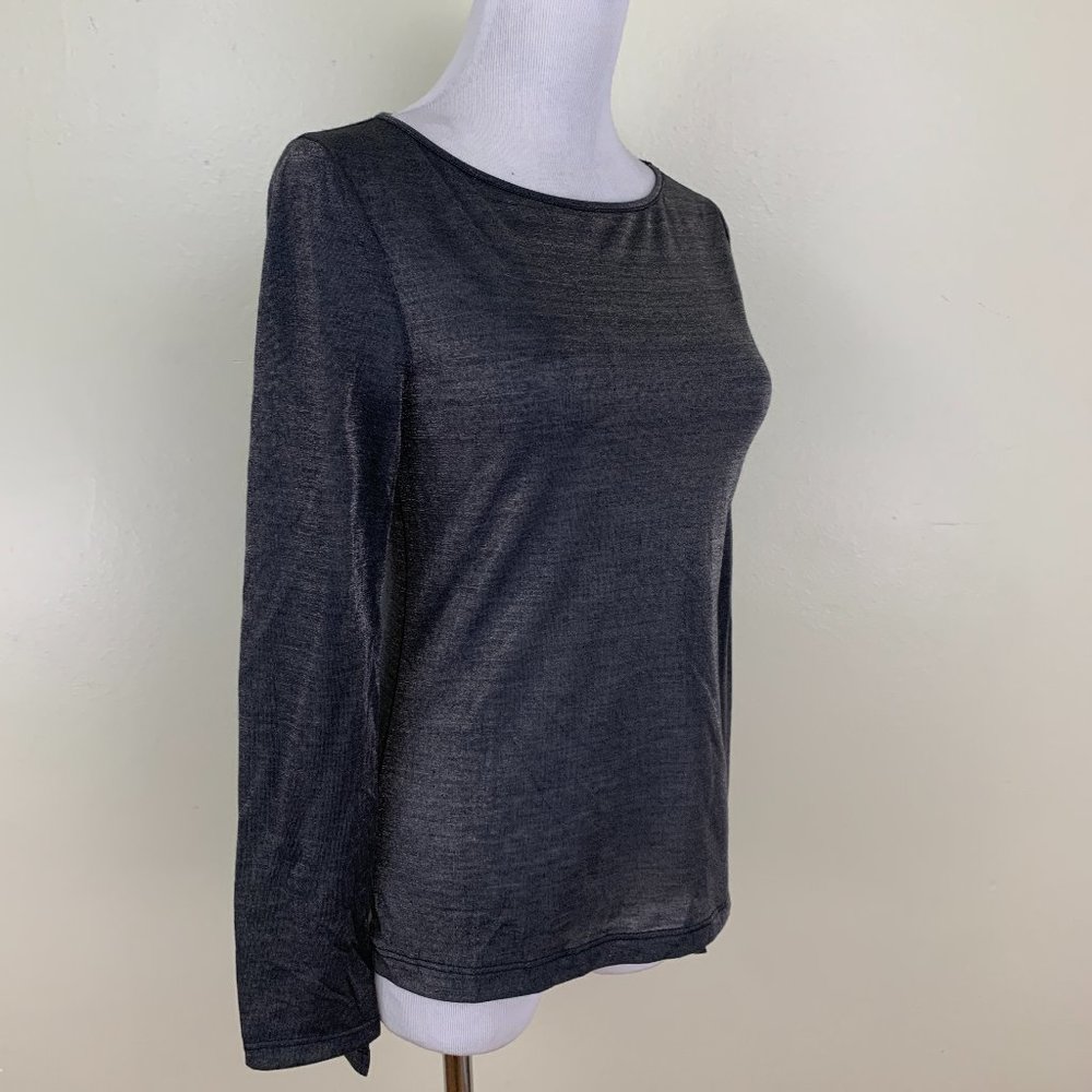 BEBE Black Brown/Bronze/Golden Glittery Stretch Long Sleeve High Low Hem Shirt